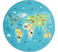 the carpet Happy Life Tapis de Jeu, Lavable, pour la Chambre, Convient aux Enfants, au Motif de la Carte du Monde de la Terre et des Animaux, Bleu, 200 x 200 cm