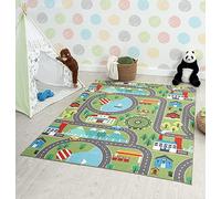 the carpet Happy Life Tapis de Jeu, Lavable, pour la Chambre, Convient aux Enfants, au Motif de la Rue, de la Ville et des Voitures, Vert, 140 x 200 cm