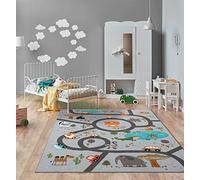 the carpet - Happy Life - Tapis de Jeu pour Chambre d'enfant, Motif Urbain, Voitures, Jungle et Animalier, Gris, 200 x 200 cm
