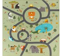 the carpet - Happy Life - Tapis de Jeu pour Chambre d'enfant, Motif Urbain, Voitures, Jungle et Animalier, Vert, 200 x 200 cm