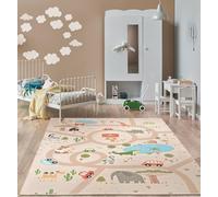 the carpet Happy Life Tapis de Jeu, pour la Chambre, Convient aux Enfants, avec Motif de la Rue, de la Route, de la Jungle, des Animaux et des Voitures, Beige-2, 160 x 220 cm
