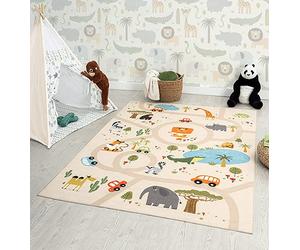 the carpet Happy Life Tapis de Jeu, pour la Chambre, Convient aux Enfants, avec Motif de la Rue, de la Route, de la Jungle, des Animaux et des Voitures, Beige, 120 x 160 cm