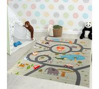 the carpet Happy Life Tapis de Jeu, pour la Chambre d’Enfants, Motifs : Rue, Route, Jungle, Animaux et Voitures, Vert-2, 200 x 290 cm