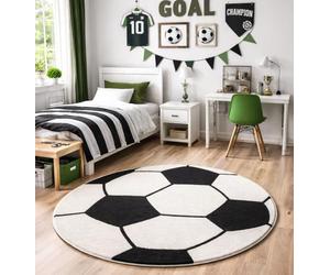 the carpet Lou - Tapis Doux pour Enfant - Doux - Facile d'entretien - Couleurs résistantes - Aspect 3D - Motif Football - Noir/crème - 80 cm - Rond