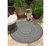 the carpet Mistra - Tapis d'extérieur Robuste, Moderne, résistant aux intempéries et aux UV, pour Balcon, terrasse et véranda, Mandala, Anthracite, 120 x 120 cm, Rond