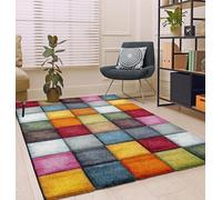 the carpet Monde Deluxe Tapis de Salon à Poils Courts, coloré, Bleu, Rouge, Marron, Vert, Gris, Motif carré 160 x 230 cm