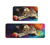 The Cat Is Playing With The Colorful Ball. Lot de 2 tapis de cuisine rembourrés confortables pour décoration d'intérieur, évier, tapis de cuisine antidérapants et lavables, blanchisserie 43,2 x 119,2