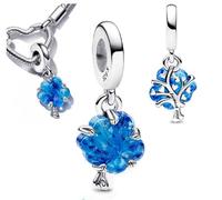 The Charmery Breloque arbre généalogique en verre bleu en argent sterling 925 compatible avec les breloques Pandora et beaucoup d'autres bracelets à breloques britanniques.