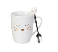Mug Déco avec Cuillère "Chat" 11cm Blanc Blanc G