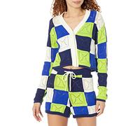 The Drop Cardigan en Crochet pour Femme, Lee, Bleu Marine/Vert Citron, Taille XL
