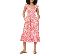 The Drop Robe Midi pour Femme, avec Smocks et Épaules Volantées, Imprimé Floral Rose/Orange, Kimi, Taille L