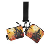 The Evil Yellow Pumpkin Castle on Halloween Lot de 2 portefeuilles à double dragonne pour femme - Porte-monnaie fin amovible avec porte-clés pour femme