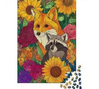 The FBœuf and The Raccoon Sit Among The Roses and SunFleurs,Puzzles pour Adultes 70x50cm/1000pcs,Jeux De Défi