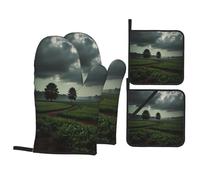 The first touch of green Printed Heat Isolating Gloves and Mats Set 4 pièces Résistant aux hautes températures Four grillade Gants de cuisson et maniques