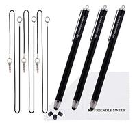 The Friendly Swede Lot de 3 Stylets Universels de Haute Précision pour Tablette et Smartphone + 3 Embouts de Rechange + 3 Cordons Élastiques + 1 Chiffon de Nettoyage (Noir)