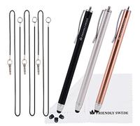 The Friendly Swede Lot de 3 Stylets Universels de Haute Précision pour Tablette et Smartphone + 3 Embouts de Rechange + 3 Cordons Élastiques + 1 Chiffon de Nettoyage (Argenté + Or + Noir)