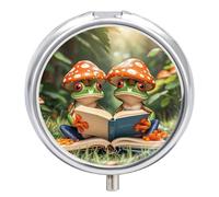 The Frog Family is Reading - Pilulier à 3 compartiments pour sac à main ou poche - Mini pilulier en métal - Récipient à médicaments quotidien rond pour contenir des vitamines, de l'huile de poisson