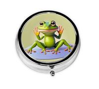 The Funny Frog Doing Yoga Boîte à pilules ronde en métal galvanisé, 5,1 x 5,1 x 1,8 cm, avec 3 compartiments en plastique