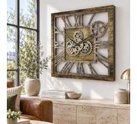 The Gears Clock Horloge murale carrée 61 cm véritable engrenage mobile vintage industrielle surdimensionnée ferme rustique (or antique)