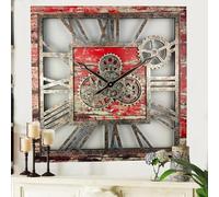 The Gears Clock Horloge murale carrée surdimensionnée à engrenages mobiles 61 cm Style rustique vintage industriel (lave rouge)