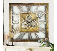 The Gears Clock Horloge murale carrée surdimensionnée avec engrenage mobile 61 cm Style rustique vintage industriel Doré vieilli