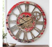 The Gears Clock Horloge murale vintage industrielle surdimensionnée avec engrenage mobile véritable de 91,4 cm (lave rouge)