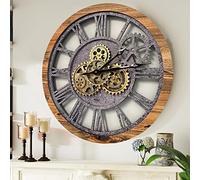 The Gears Clock The Original Real Moving Gear Horloge Murale Vintage Industrielle surdimensionnée Rustique (60 cm), Bois et Pierre