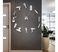 The Geeky Days DIY Barber Shop Giant Wall Clock with Mirror Effect Barber Toolkits Decorative Frameless Clock Watch Hairdresser Barber Wall Art(Silver)