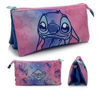 The Geeky Pop Stitch Trousse Triple Compartiment Fille - 3 Poches Zippées, 22x11 cm - Trousse Scolaire Rose Bleue Lilo et Stitch - Rangement Crayons Stylos Feutres - Cadeau Fille