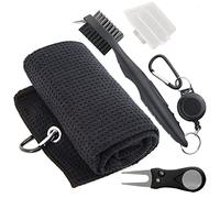 THE GOLFER STORE Kit d'Accessoires de Golf 3 en 1 : Serviette de Nettoyage en Microfibre, Brosse de Club et Outil de Réparation de Divot, Noir