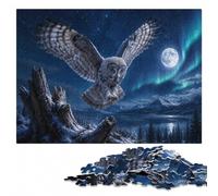 The Great Grey Owl in Flight and Blue Moon Puzzle en Bois, 300 pièces | Puzzle pour passionné : idée cadeau pour le Nouvel An, loisir pour amateur de puzzle.