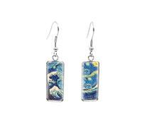 The Great Wave Off Kanagawa Boucles d'oreilles rectangulaires Peintures Hokusai Crochet Boucle d'oreille Photo Verre Dôme Bijoux, Verre