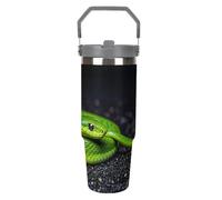 The Green Snake - Gobelet de 887 ml avec paille, tasse de voyage isotherme en acier inoxydable avec poignée, tasse à café sous vide à double paroi, couvercle anti-fuite, garde les boissons chaudes
