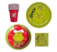 The Grinch - Lot de 12 pièces - Avec assiettes à biscuits de 26 cm en rouge et vert - En tôle de fer - Dessous de verre en feutre pour boissons et gobelets à liqueur de 55 ml - Décoration de Noël