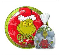 The Grinch Lot de 9 pièces de Noël avec assiette de Noël rouge de 26 cm en fer et sacs à pâtisserie transparents - Ensemble cadeau et décoration amusant pour biscuits, bonbons et période de l'Avent
