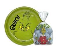 The Grinch Lot de 9 pièces de Noël avec assiette de Noël verte de 26 cm en fer et sacs à pâtisserie transparents - Ensemble cadeau et décoration amusant pour biscuits, bonbons et période de l'Avent