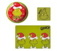 The Grinch - Lot de 9 sets de table en plastique vert - Petits dessous de verre en feutre pour boissons et assiettes à biscuits - 26 cm - Rouge - Décoration de Noël amusante pour la période de l'Avent