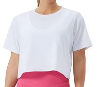 THE GYM PEOPLE Haut court d'entraînement à manches courtes pour femme - Pour yoga, course à pied, blanc, Taille L