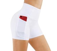 THE GYM PEOPLE Short Sport Femme Taille Haute avec Poches Profondes et Contrôle du Ventre - pour Le Fitness, la Course à Pied, Le Yoga et Le Cyclisme, Blanc, S