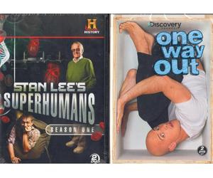 The History Channel : Stan Lee Superhumans Season One 8 épisodes avec 30 personnes qui ont des pouvoirs extraordinaires - la calculatrice humaine, l'homme qui ne ressent aucune douleur, l'homme d'acier, la ruche humaine d'abeille, l'homme en caoutchouc, super mémoire et bien plus encore. Lot de 2 boîtes de 4 disques environ 10 heures