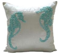 The HomeCentric Blanc Oreillers Decoratifs Couvercle, Perlee Sea Horse Beach and Ocean Nautique taies d'oreiller Lot de 2, 50x50 cm, Mediterraneen Jet Taies d'oreiller, Soie Taie - Sea Horse Aqua