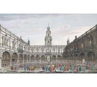 The Inside View of the Royal Exchange at London England. Veue du dedans de la Bourse Royale a Londres. Après une gravure colorée à la main publiée vers 1750. Affiche imprimée par Ken Welsh (17 x 10)