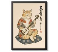 The Koto Poster, Poster chat japonais vintage sur bois, Ukiyo-E, tatouage mural, A4 (cadre noir) - 32,7 x 24,1 cm