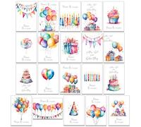 the lazy panda card company Lot de 20 cartes d'anniversaire peintes aux aquarelles vives - Pas de motif deux fois - Livrées avec des enveloppes en papier recyclé
