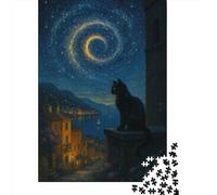 The Le Chat Under The Starry Sky 1000 Pièces Casse-têtes Vue de Nuit Seniors Favoris Divertissants Ambiance Intérieure Collection Énigmes Enfants Dès Douze Ans Inspiration Créative 1000pcs (75x50cm)