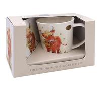 The Leonardo Collection Paper Shed Tasse en céramique avec dessous de verre Motif vache Highland pour la maison et la cuisine | Tasses élégantes en céramique pour thé et café | Joli ensemble de tasses