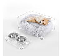 THE LICKER STORE DBD2001A-2SET Billie - Petit lit moderne apaisant et moelleux pour animal de compagnie avec coussin lavable et mangeoire surélevée de 10,2 cm avec 2 gamelles en acier inoxydable de