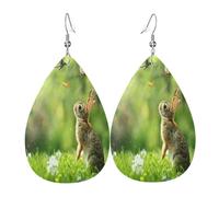 The Lively Little Rabbit is playing on the grass Boucles d'oreilles en cuir en forme de larme pour femme - Boucles d'oreilles pendantes légères en PVC avec crochets en argent 925, imprimés double face