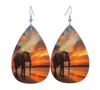 The lonely elephant under the sunset Boucles d'oreilles en cuir en forme de larme pour femme - Boucles d'oreilles pendantes légères en PVC avec crochets en argent 925, imprimés double face | Cadeau