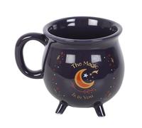 The Magic Is in You Tasse chaudron en céramique bleu nuit avec étoiles dorées et croissant de lune, design magique pour les amateurs de thé et de café, passe au micro-ondes, cadeau idéal pour les
